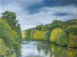 River Usk at Crickhowell : An original pastel by landscape artist Sue Thomas