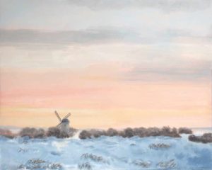 windmill at dusk during snowy weather